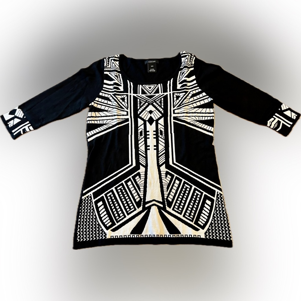 Vtg ALISON SHERI Women’s Pullover Sweater Size M Art Deco Black White 3/4 Sleeve